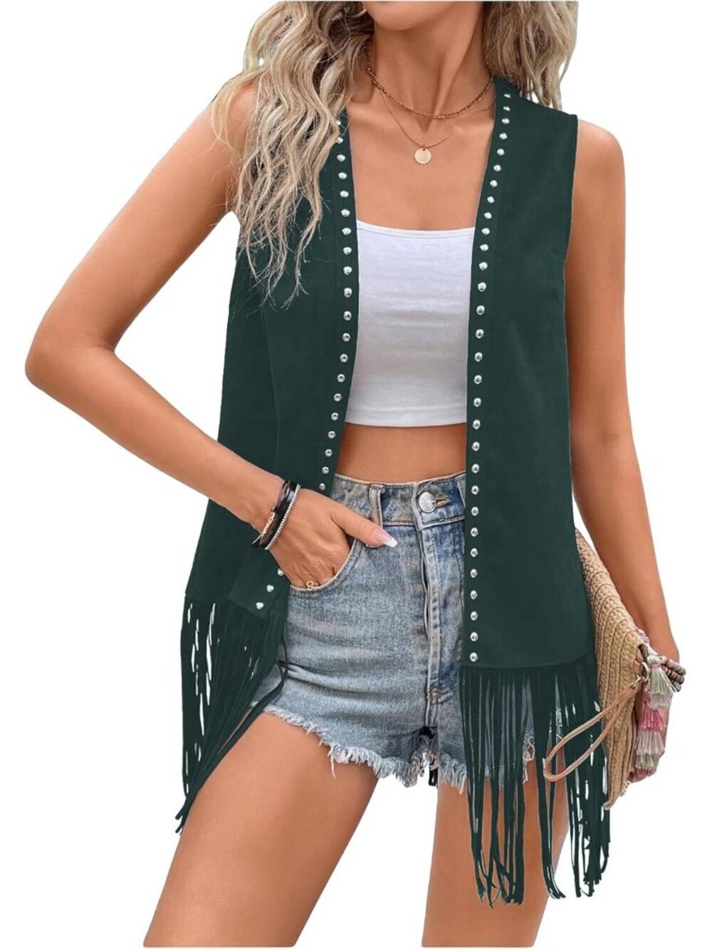 Women's Green Fringe Vest Cardigan 70s Hippie Rivets Tassel Sleeveless Jacket